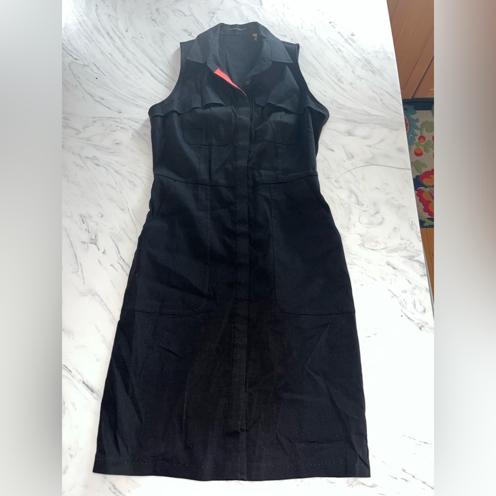 Ellie Tahari black tank shirt Dress collar neck 4 button orange ribbon linen